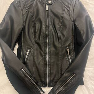 Express Black Leather Jacket with Zipper Details